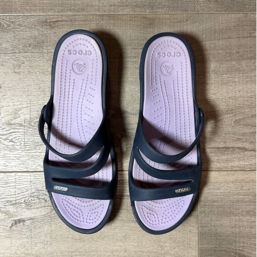 Crocs Patricia Wedge Sandals Womens Size 9 Navy Blue Lavender Purple Strappy